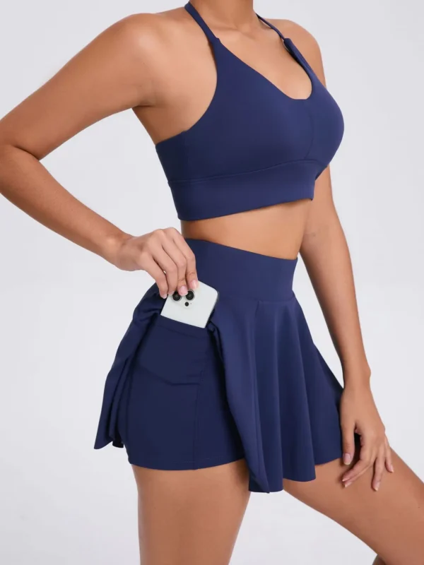 VEQKING High-Impact Halter Yoga Bra & Pleated Skirt Set
