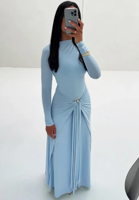 Sophisticated Autumn Maxi Dress with Long Sleeves and Ruched Elegance