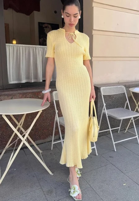 Lace-Up O-Neck Sweater Dress for Elegant Office Style