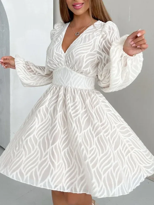 Moopsi Women Elegant White Dress Fashion V-Neck Long Sleeve Printed A-Line Dress Casual Office Patchwork Spring Mini Dresses