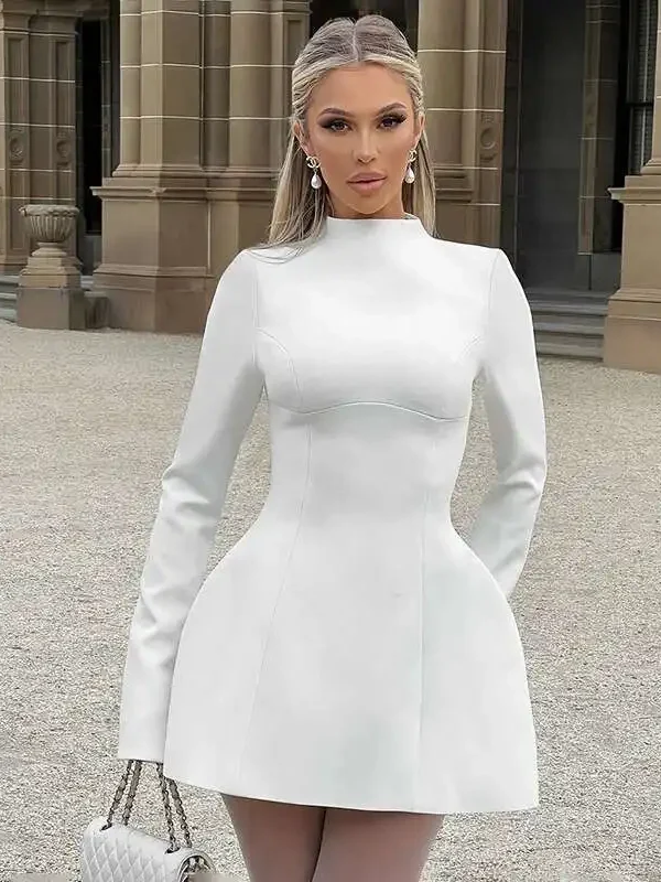 Elegant Backless A-Line Mini Dress with Turtleneck & Flare Sleeves