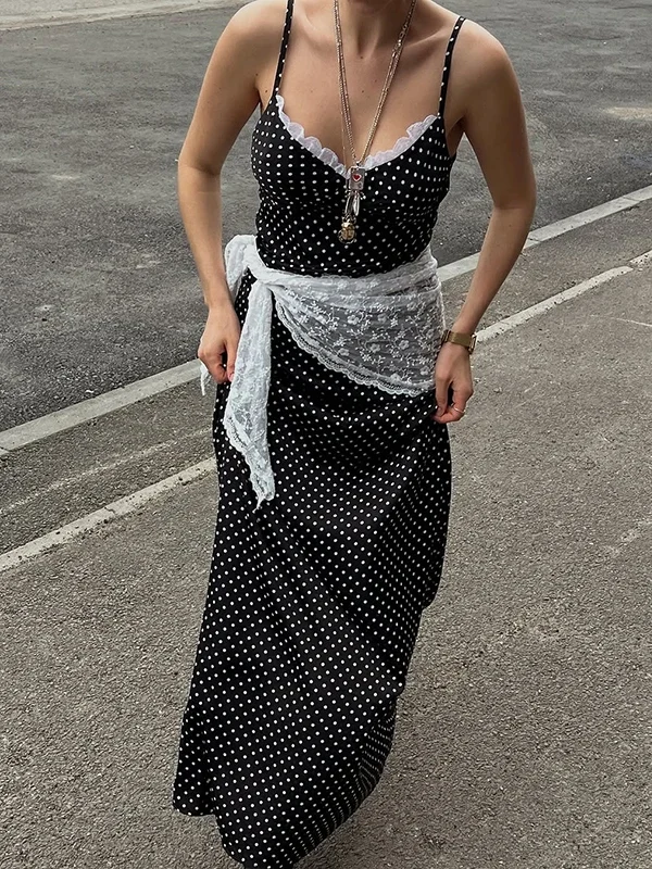 Polka Dot Suspender Long Dress Women's Deep V Neck Lace Splice Elegant Dress Vacation Dresses Summer New