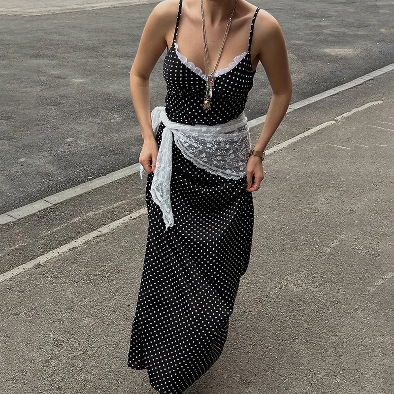 Kf-S09F103Ab9Df041Ee96C22D4Ebddecd64L Polka Dot Suspender Long Dress Women'S Deep V Neck Lace Splice Elegant Dress Vacation Dresses Summer New