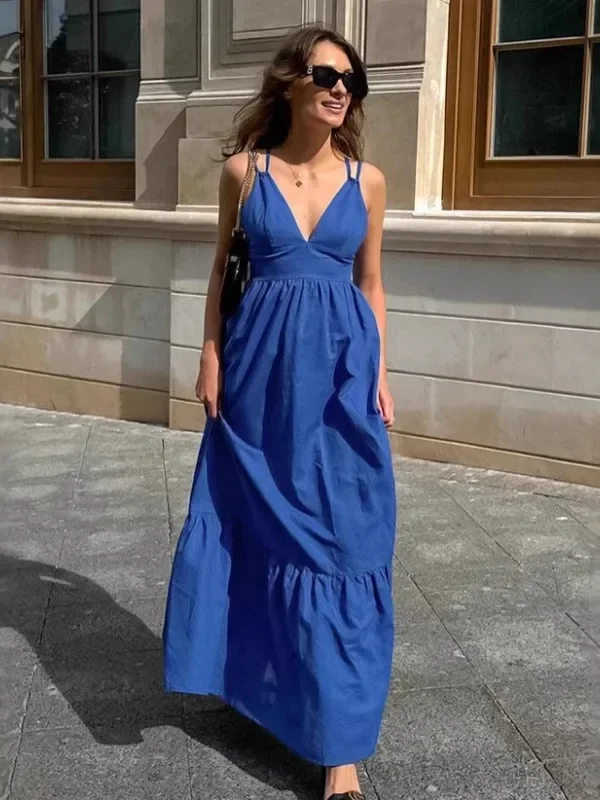 Elegant Blue Backless A-Line Spaghetti Strap Dress for Women