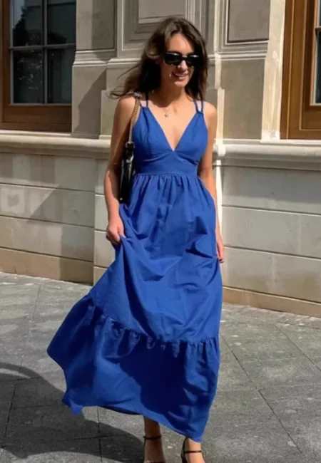 Elegant Blue Backless A-Line Spaghetti Strap Dress for Women