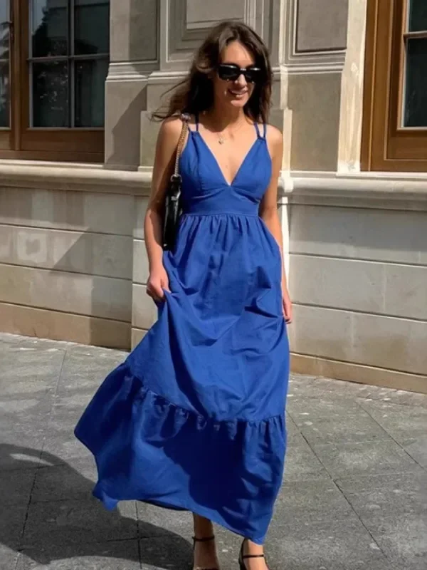 Elegant Blue Backless A-Line Spaghetti Strap Dress for Women