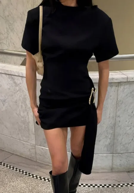 Sleek Black Mini Dress Metal Buckle Detail Spring Fashion