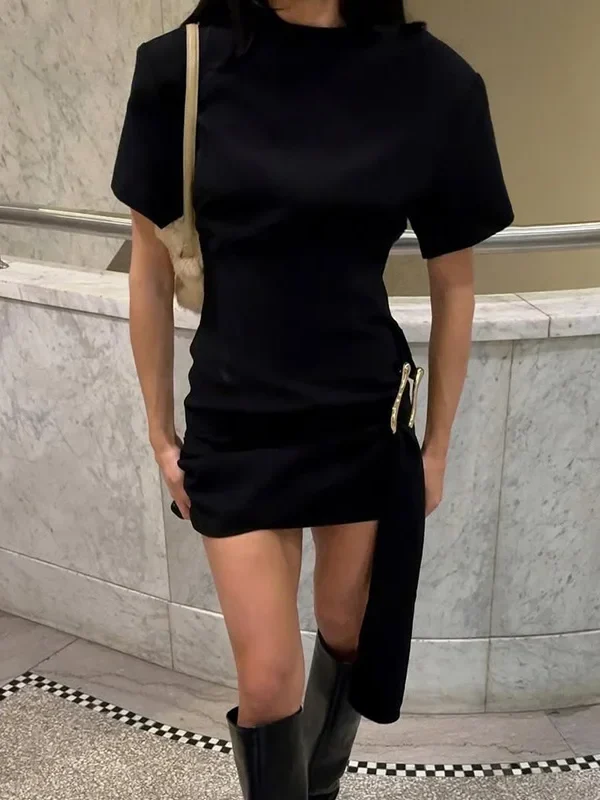 Chic Black Bandage Short Dress with Metal Buckle for Women