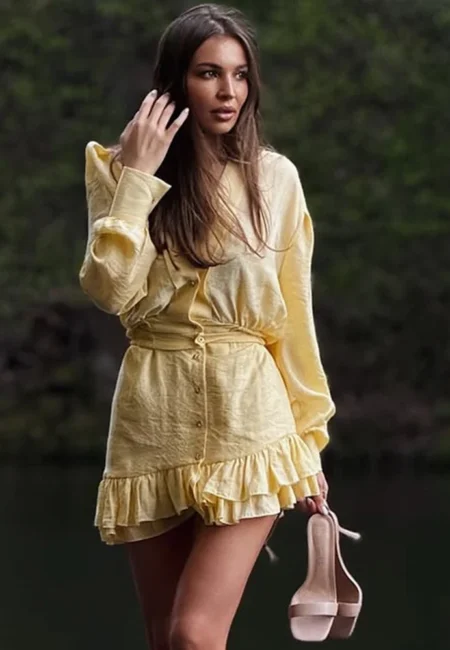 Vibrant Yellow Ruffled Mini Dress - Elegant V-Neck Design