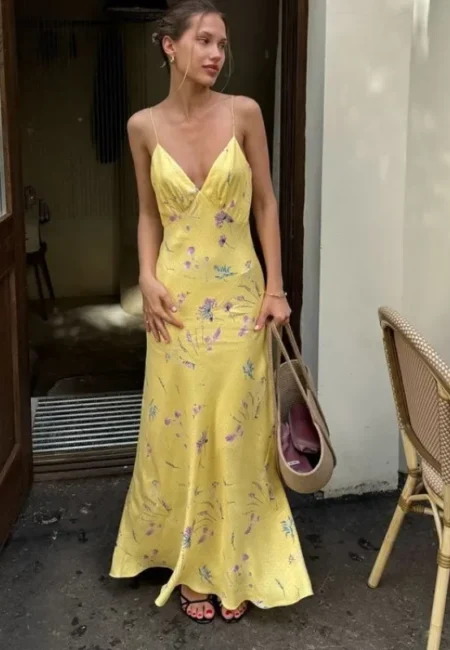 Vibrant Yellow Deep V Backless Maxi Dress for Effortless Elegance