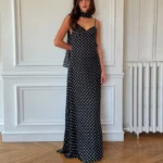 Elegant Black Polka Dot V-Neck Long Dress for Stylish Women - Image 3