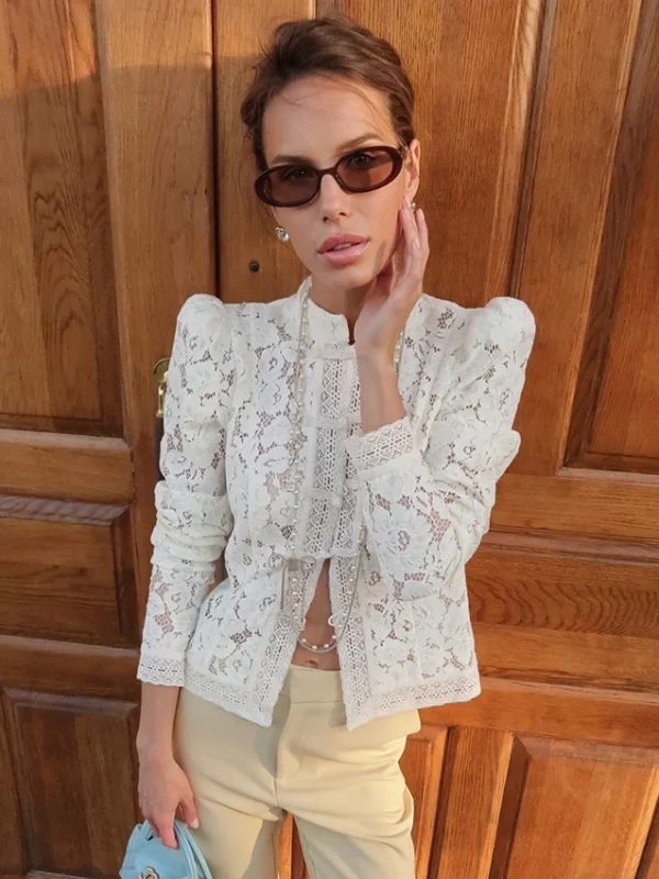 Linad Elegant Embroidery Puff Sleeve White Shirts Summer  Hollow Out Lace Blouse Casual Sand Collar Top  Vintage Shirts