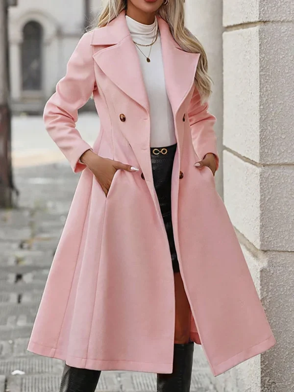 Moopsi  Turn-down Collar A-line Women Coat Pink Long Sleeve Double Breasted Coat Female Winter  Fashion Streetwear