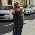 Elegant Black Polka Dot V-Neck Long Dress for Stylish Women
