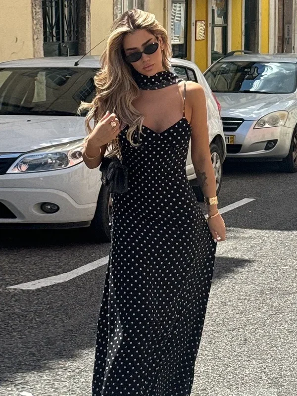 Elegant Black Polka Dot V-Neck Long Dress for Stylish Women