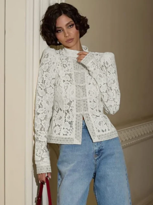 Linad Elegant Embroidery Puff Sleeve White Shirts Summer  Hollow Out Lace Blouse Casual Sand Collar Top  Vintage Shirts