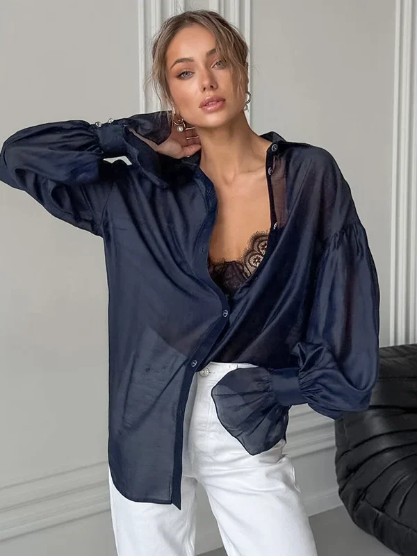Moopsi Commuting Long Sleeve Shirt Female  See Through Flare Sleeve Casual Loose Blouses Lapel Buttons Shirt Summer Fashion