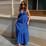 Elegant Blue Backless A-Line Spaghetti Strap Dress for Women - Image 3