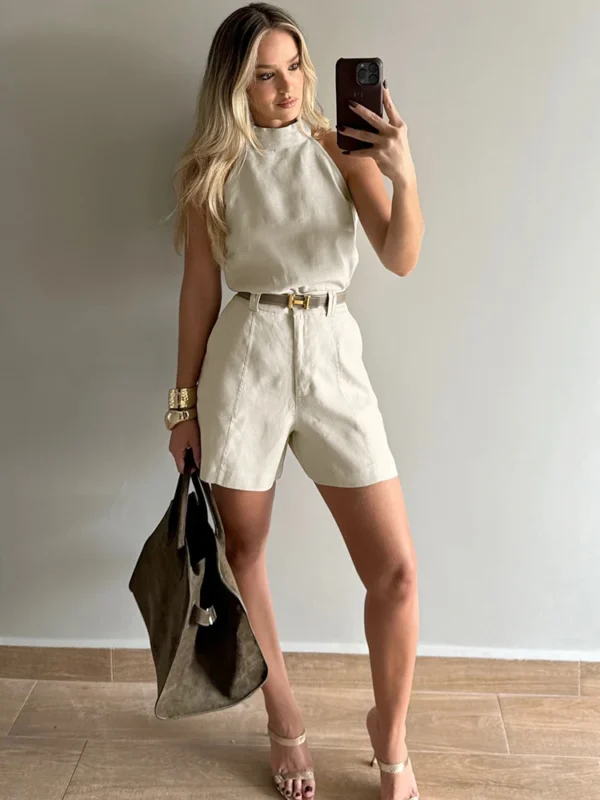 Chic Khaki Halter Tank & High Waist Shorts Summer Set