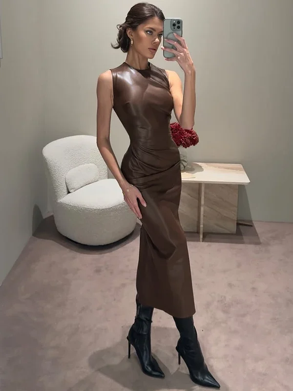 Chic Moopsi PU Leather Maxi Dress – Sleek, Stylish, Versatile