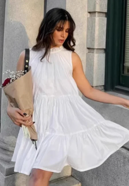 Tiered A-Line White Mini Dress - Sleeveless Lace-Up Summer