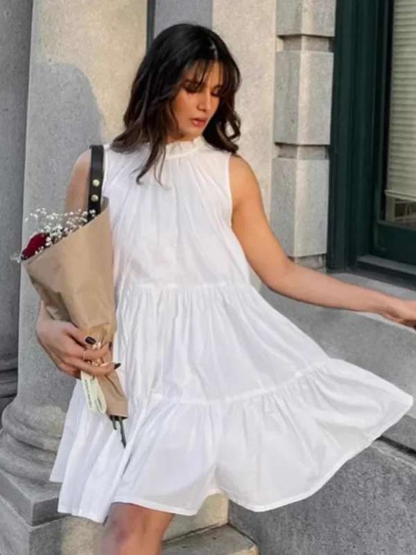 Moopsi White Lace-up Mini Dress Women Summer Casual Loose Pleated Short Dress Commuter Sleeveless Patchwork Round Neck Dress