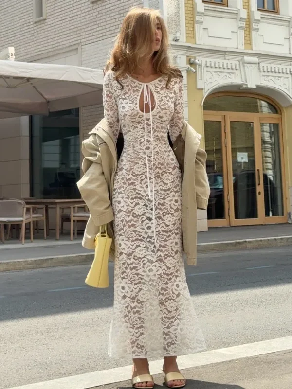 White Lace Dress  See Through Long Sleeve V Neck Dresses Elegant Party High Waisted Women Evening Dresses Vestidos