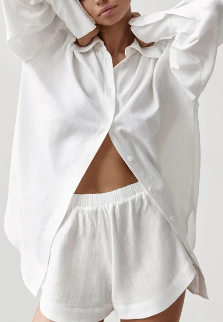 Luxe Cotton Linen Office Set - White Lapel Shirt & Shorts