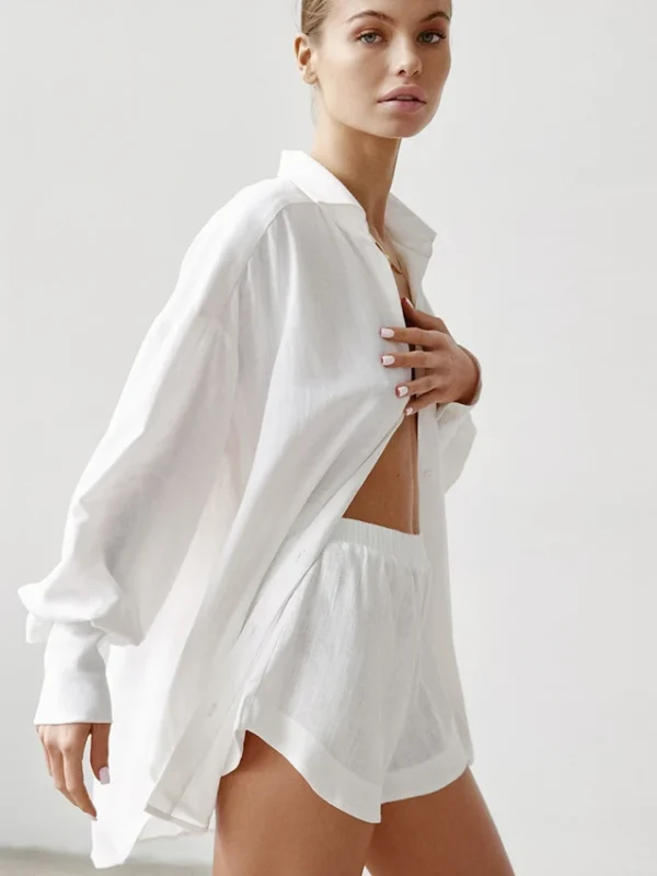 Elegant White Lapel Shirt & Elastic Shorts Set for Summer Chic