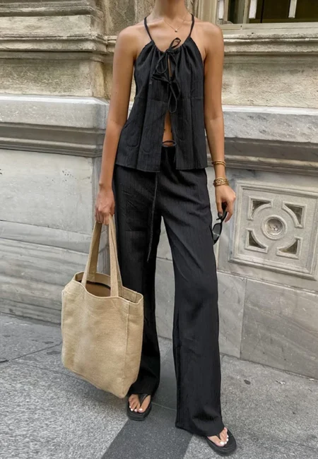 Luxe Black Halter Vest & Wide Leg Pants Set - Summer Ready