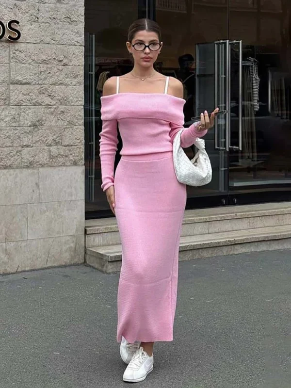 Chic One-Shoulder Knitted Skirt Set for Effortless Elegance