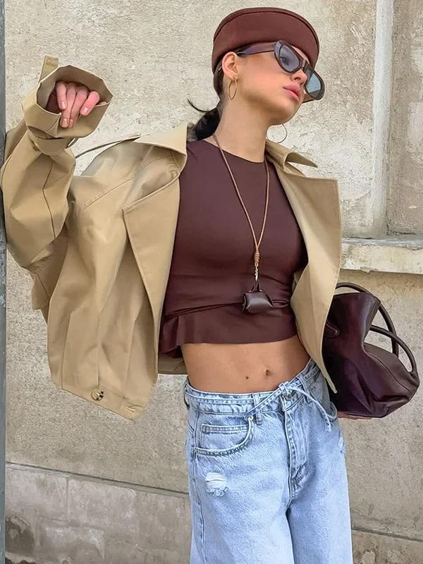 Moopsi  Autumn Short Jacket Coat Women's Suit Collar Double Breasted Casual Streetwear Coat Fashion Splice Female Jackets