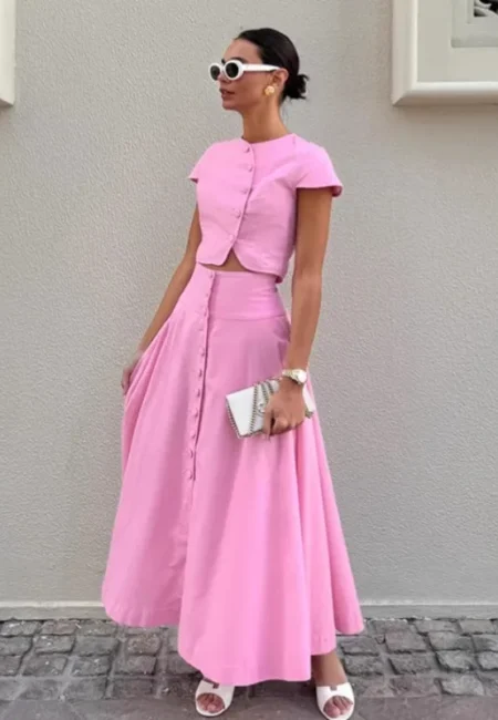 Pink Maxi Skirt Set - Professional Button-Up Office Outfit