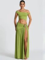 Chic Two-Piece Dress Set: Skew Collar Crop & Pleated Skirt - Image 2