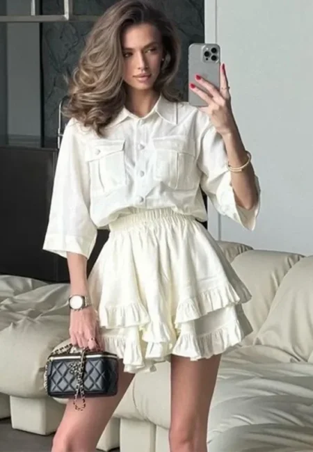 Sophisticated Pleated Two-Piece Mini Skirt Suit for Women