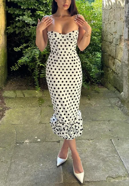 Vintage Polka Dot Suspender Dress - Ankle Length Summer Midi