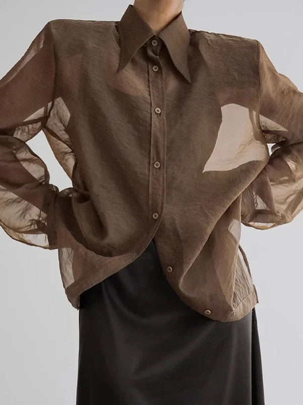Moopsi Women's Loose See Through Long Sleeve Shirt Lapel  Fashion Female  Mesh Splice Blouse Top Spring New Solid Color