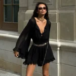 Elegant Black Ruffle Pleated Mini Dress for Summer Events