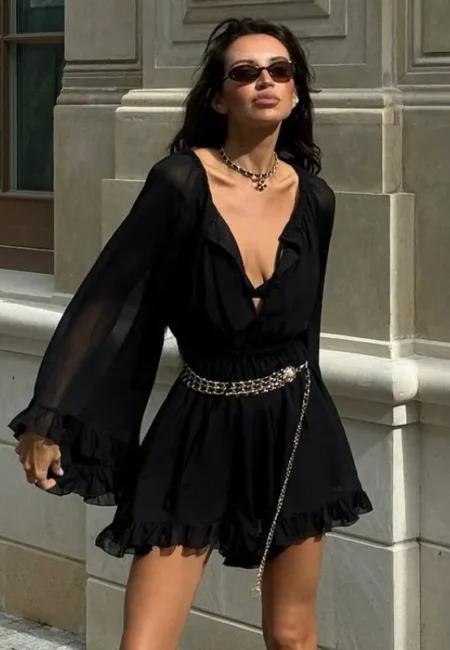 Elegant Black Ruffle Pleated Mini Dress for Summer Events