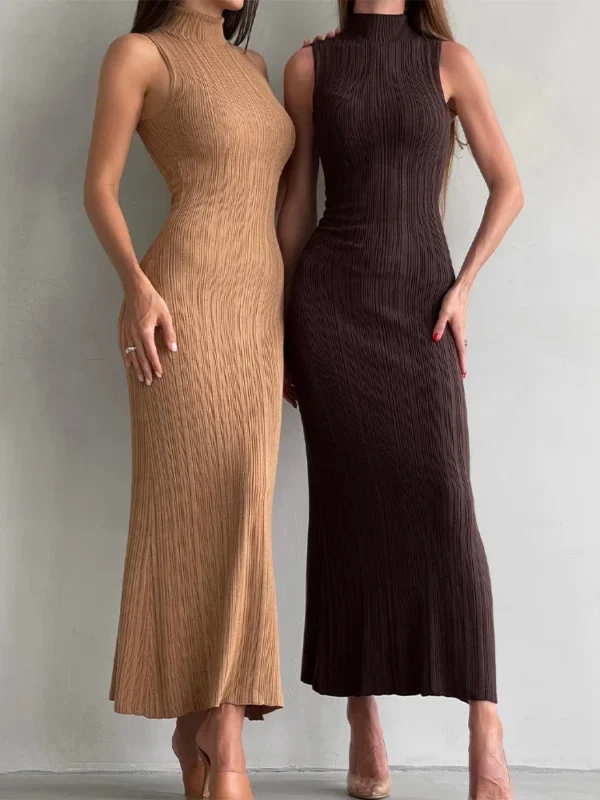 Elegant Sleeveless Turtleneck Knit Maxi Dress for Women