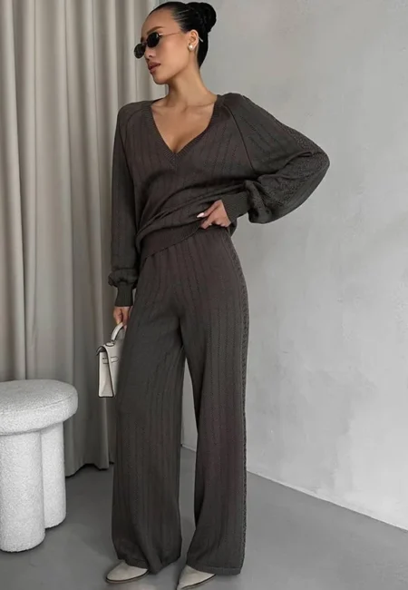 Luxe V-Neck Knit Sweater & High-Waist Trouser Set Winter