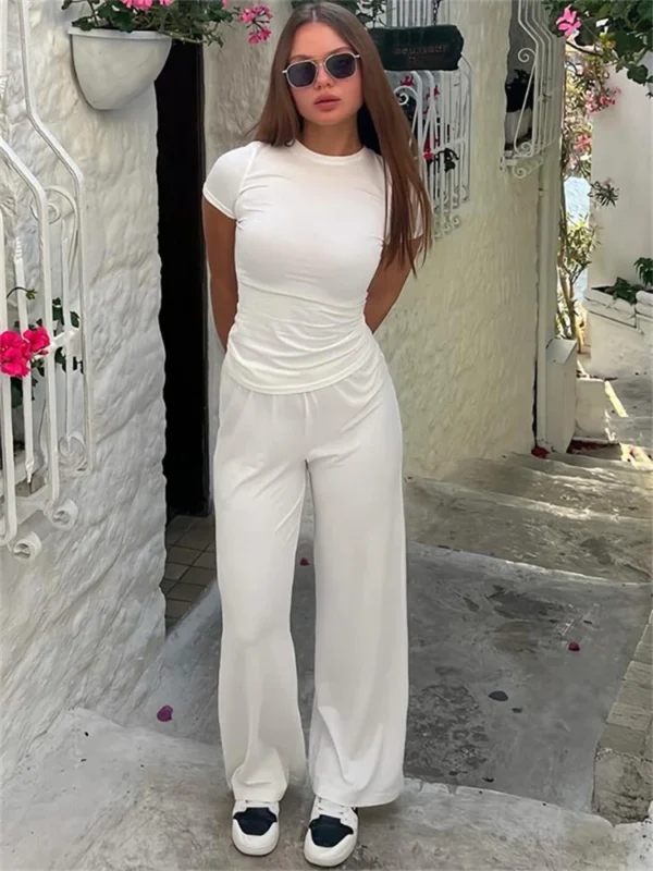 Chic Crew Neck T-Shirt & Wide Leg Pants Set for Effortless Style