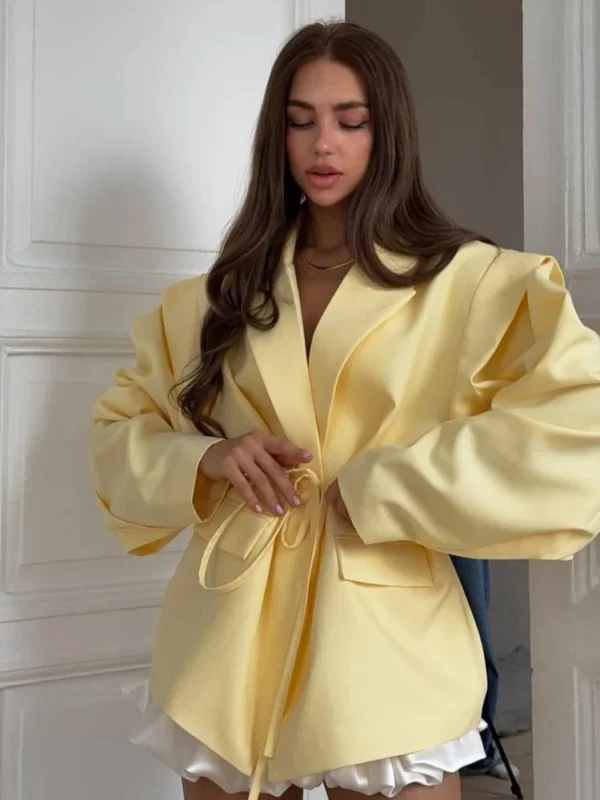 Lace Up Shoulder Pad Blazer Coat Women's Lapel Button Long Sleeve Pockets Coats Female Elegant Chic Loose Casual Outwear