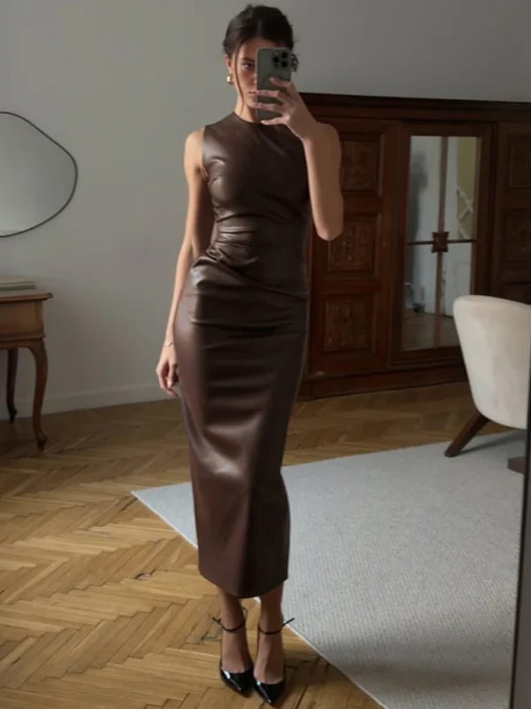 Chic Sleeveless Leather Maxi Dress for Summer Elegance