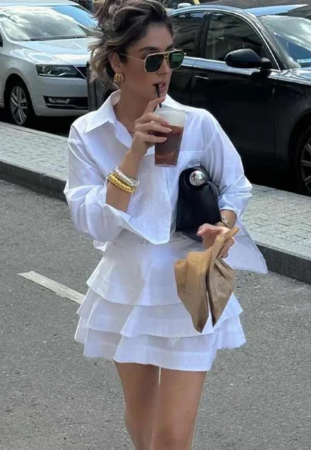 Elegant White Two-Piece Set: High-Waist Cake Skirt & Shirt