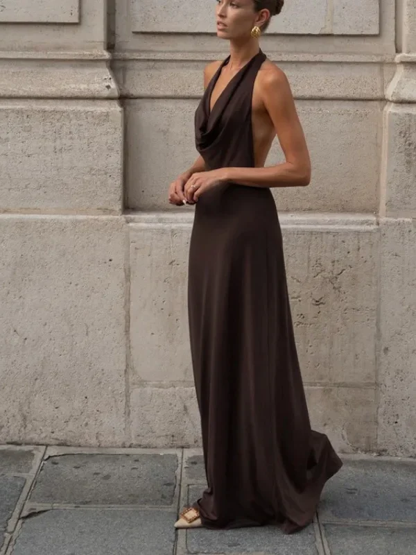 Vintage Brown Halter Backless Dress for Elegant Evenings