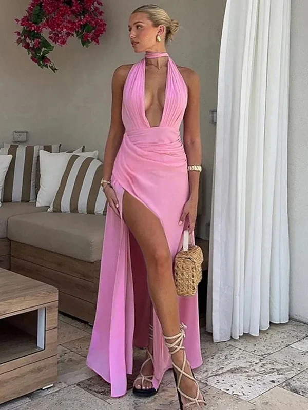 Elegant Backless Maxi Dress for Women - Torova Halter Slit Style