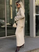 Chic V-Neck Knit Sweater & High-Waist Skirt Set for Fall - Image 4