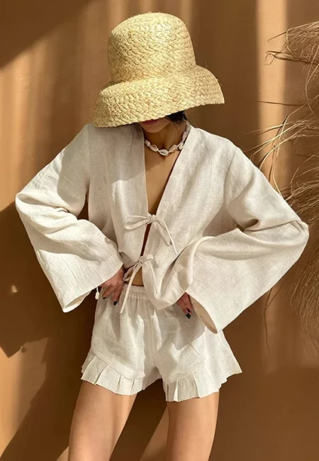 Pure Cotton V-Neck Lace-Up Cardigan & High Waist Shorts Set