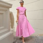 Chic Pink Two-Piece A-Line Skirt & Button Top Set for Women - Image 2